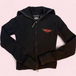 Harley Davidson 100% Cotton Black Zip Up Knit Sweater Size Small